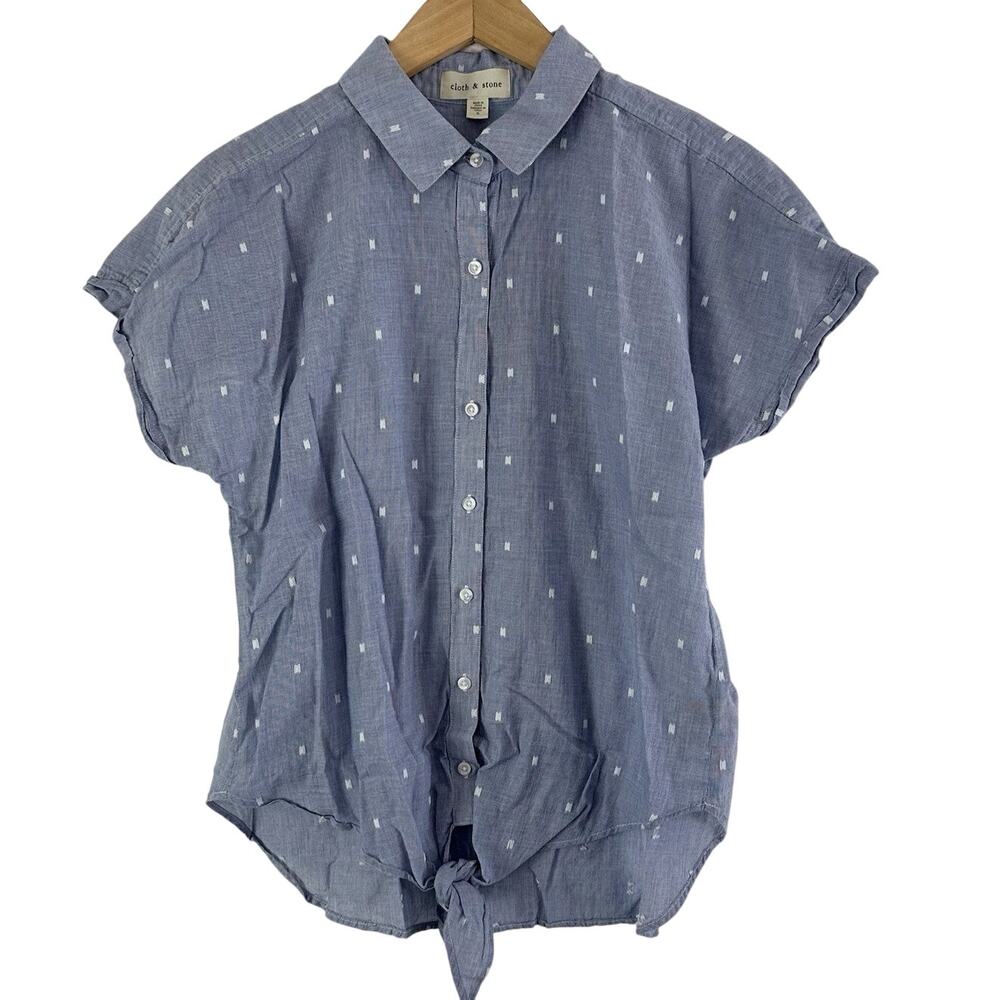 Cloth & Stone Shirt Blue White Short Sleeve 100% Cotton Button‎ Up Womens Small